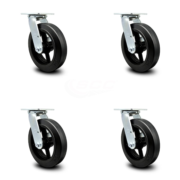 8 Inch Rubber on Steel Wheel Swivel Caster Set with Ball Bearings